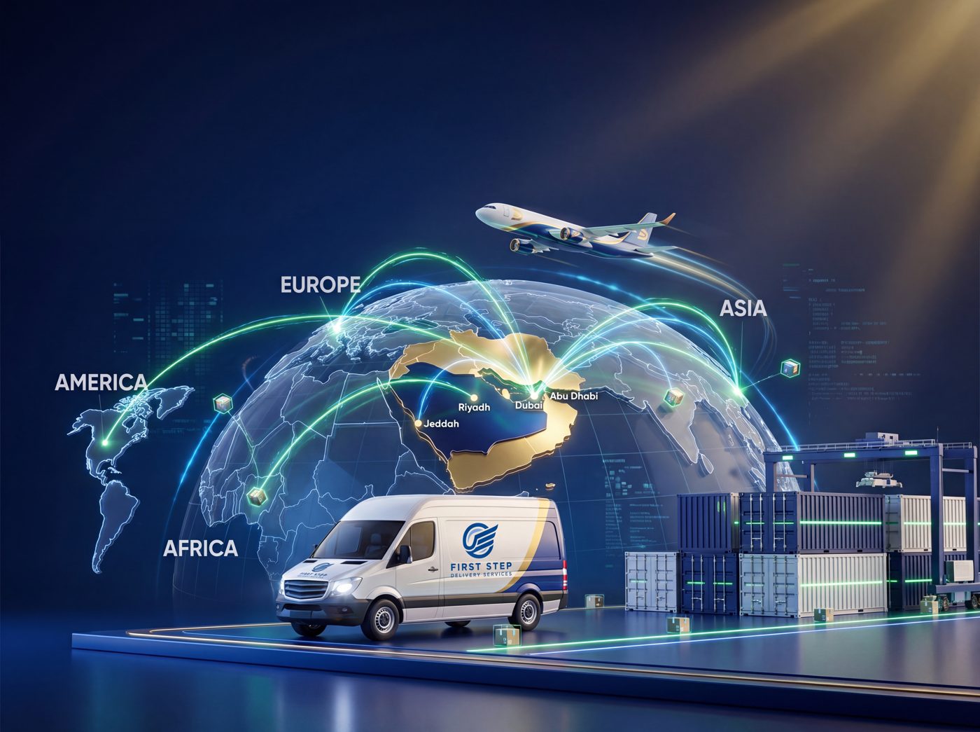 First Step Delivery van with global shipping network across America, Europe, Africa and Asia